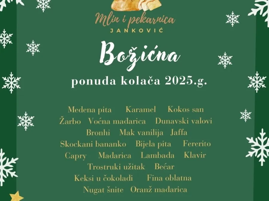 Isječak božićnog letka Mlina i pekarnice Janković: Božićna ponuda kolača 2025. s popisom kolača